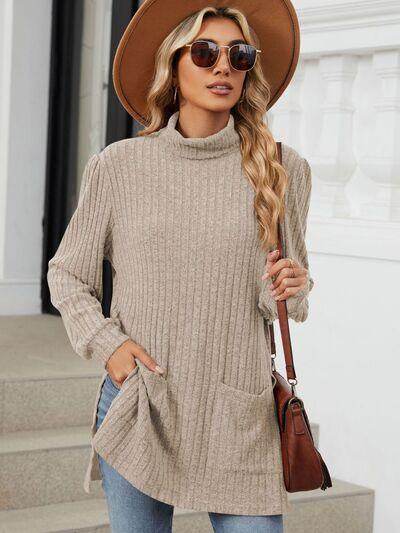 Slit Mock Neck Long Sleeve T-Shirt for Women with Pocket