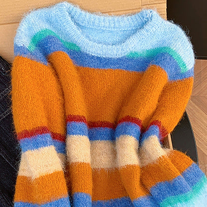 Loose And Versatile Dopamine-striped Sweater For Women