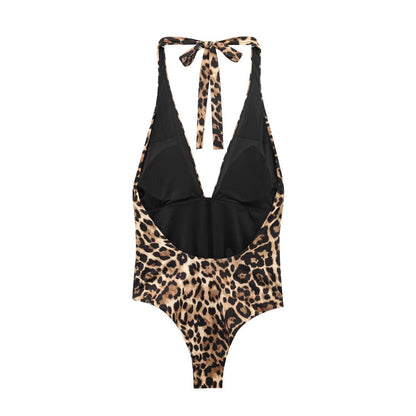 Leopard print halter neck one-piece swimsuit for women