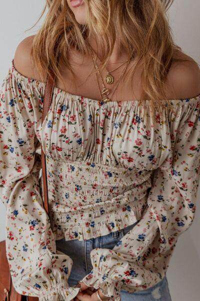Ruched Printed Scoop Neck Long Sleeve Blouse for Women