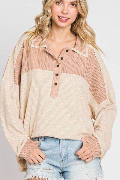 Waffle-Knit Color Block Half Button Long Sleeve Top for Women