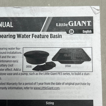 LITTLE GIANT Non-Toxic Disappearing Water Basin Parts Black DFB44PP 566560 AS-IS