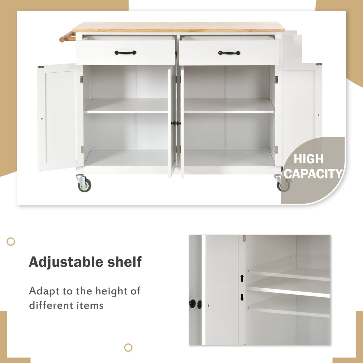 Kitchen Island Cart with Solid Wood Top and Locking Wheels 54.3 Inch Width  (White)