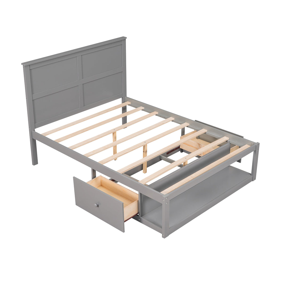 Full Size Platform Bed with Drawer on the Each Side and Shelf on the End of the Bed Gray
