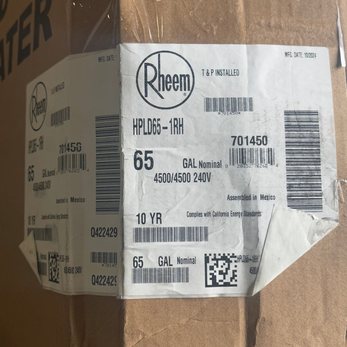RHEEM Hybrid Electric Water Heater Sz 63” H x 24” D Grey HPLD65-1RH