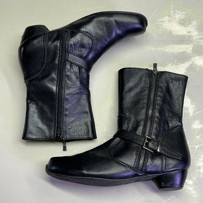 ZIERA Buckle Half Calf Zipper Boot Real Leather Women's Sz 9.5 Black (Pre-Owned)