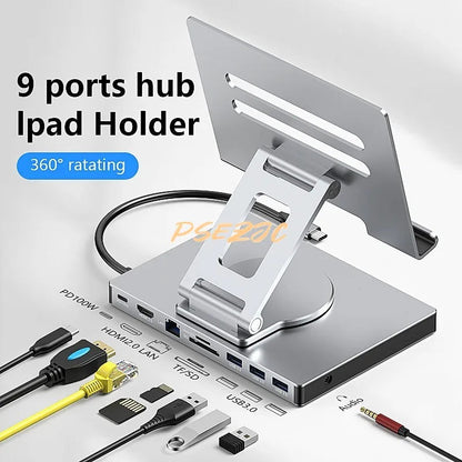 4K/60Hz Gigabit Ethernet Port USB 3.0 Splitter Hub Converter Flat Panel Rotary Stand Type-c Docking Station