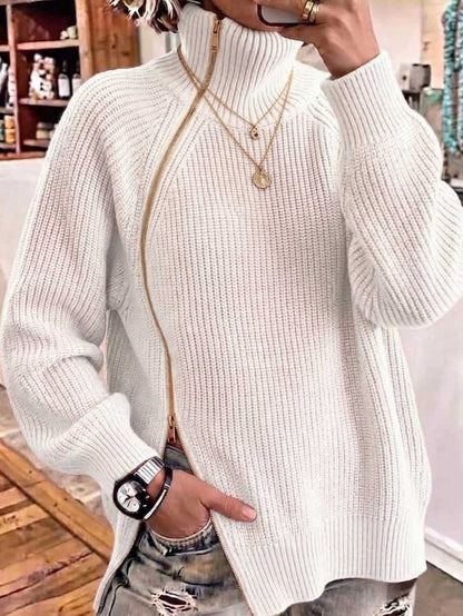 Solid-color Turtleneck Long-sleeve Loose-fit Knit Top With A Side Zipper