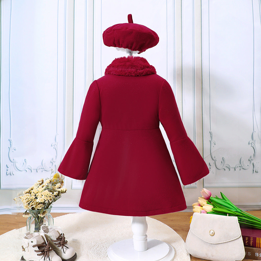 Children's Clothing Young And Little Girls Winter Solid Color Stitching Fur Collar Woolen Coat Outerwear