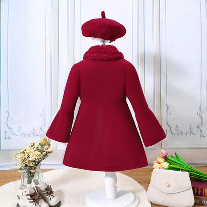 Children's Clothing Young And Little Girls Winter Solid Color Stitching Fur Collar Woolen Coat Outerwear