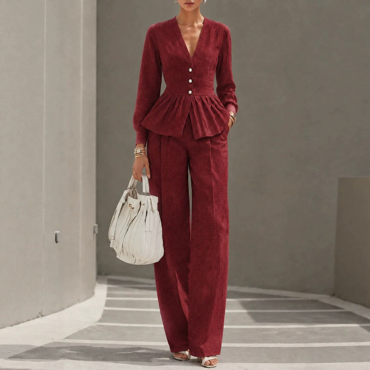 Long-sleeve V-neck Top And Wide-leg Pants Two-piece Set