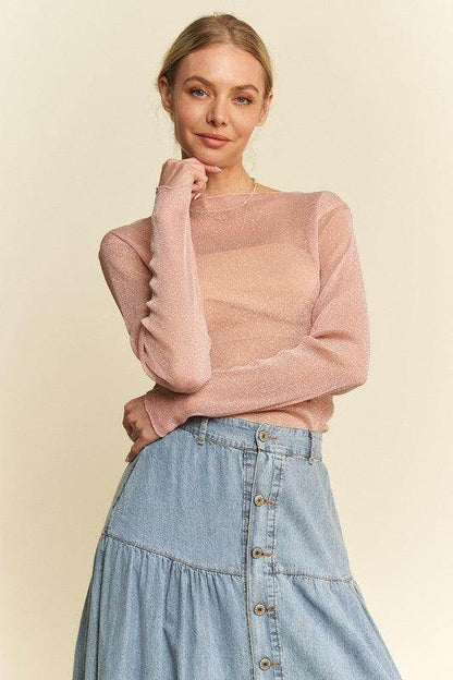 Davi & Dani Glitter Mesh Lettuce Hem Long Sleeve Top Women
