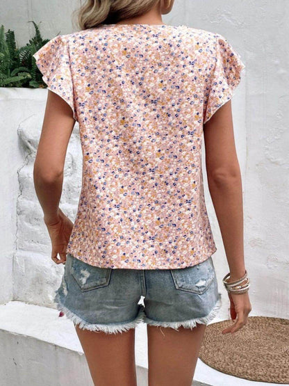 Ditsy Floral Round Neck Cap Sleeve Top for Women