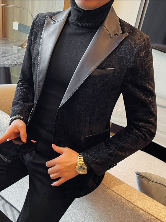 Jacquard Velvet Leather Lapel Men's Blazer