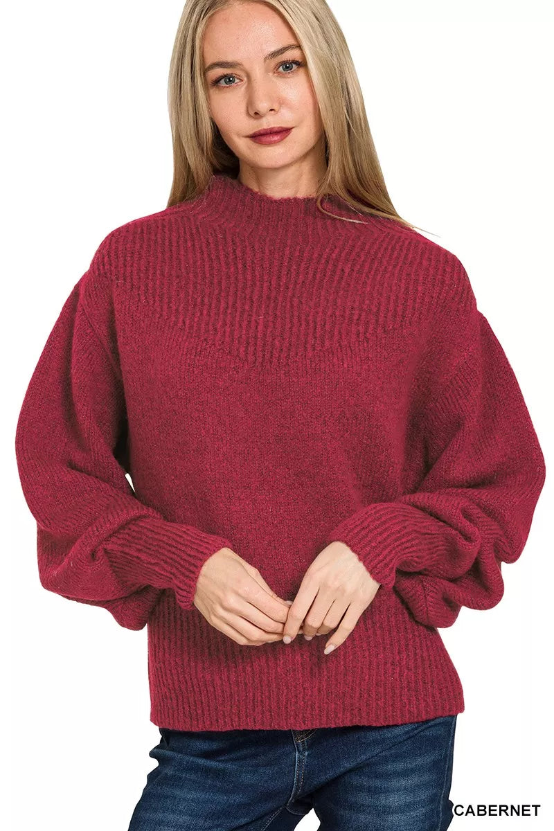Zenana Balloon Sleeve Mock Neck Sweater