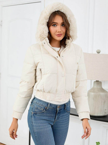 Pocketed Long Sleeve Cropped Hooded Winter Coat for Women