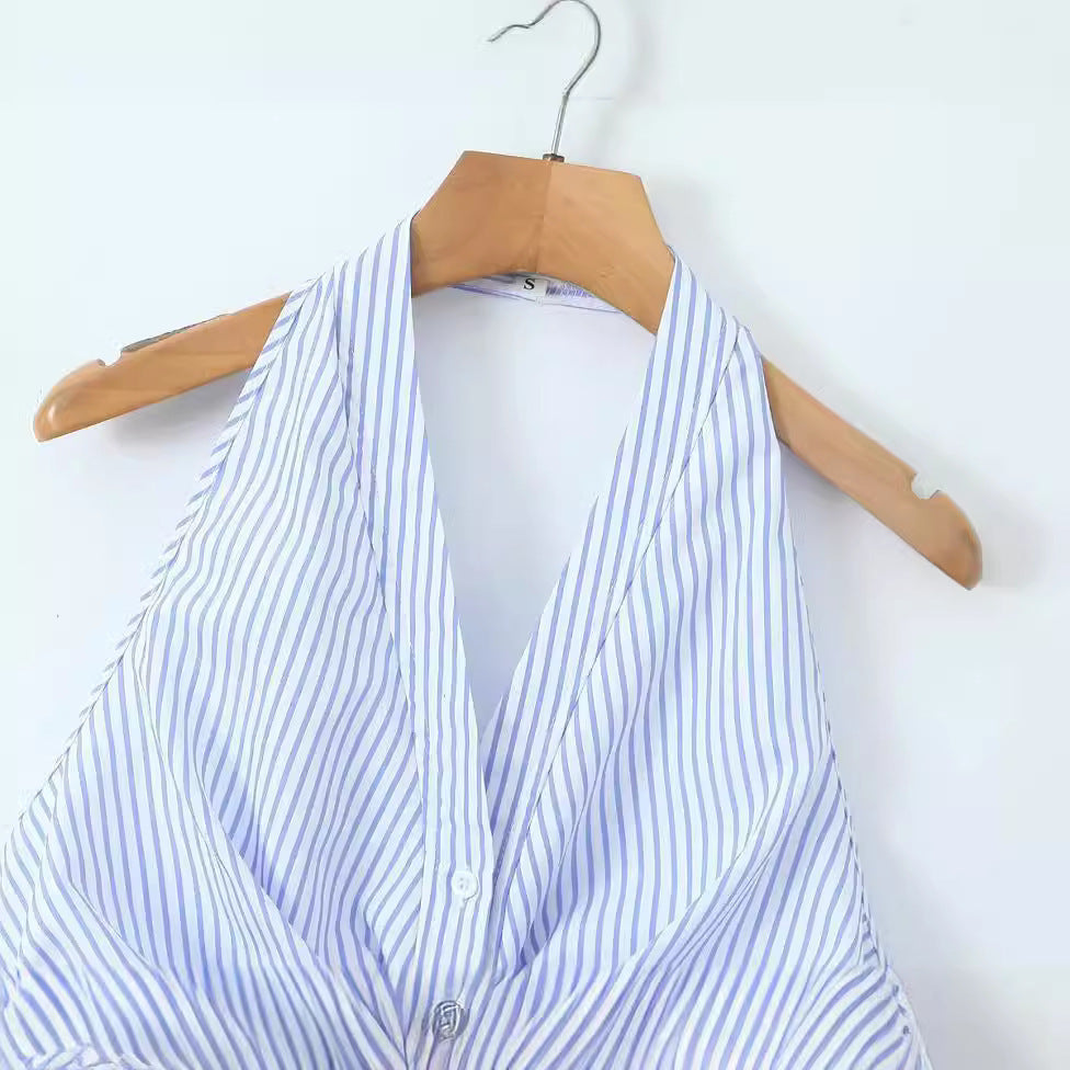 Halter-neck Knotted Striped Top For Women