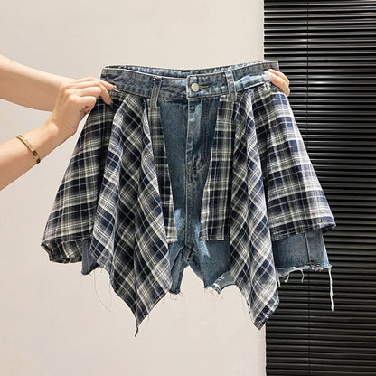 Plaid Patchwork Denim Shorts For Women