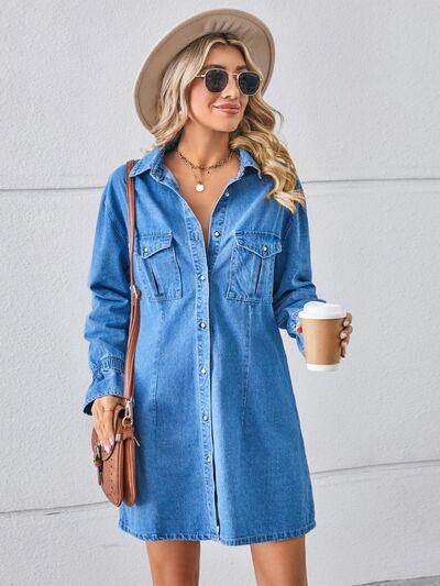 Pocketed Dropped Shoulder Mini Denim Dress for Women