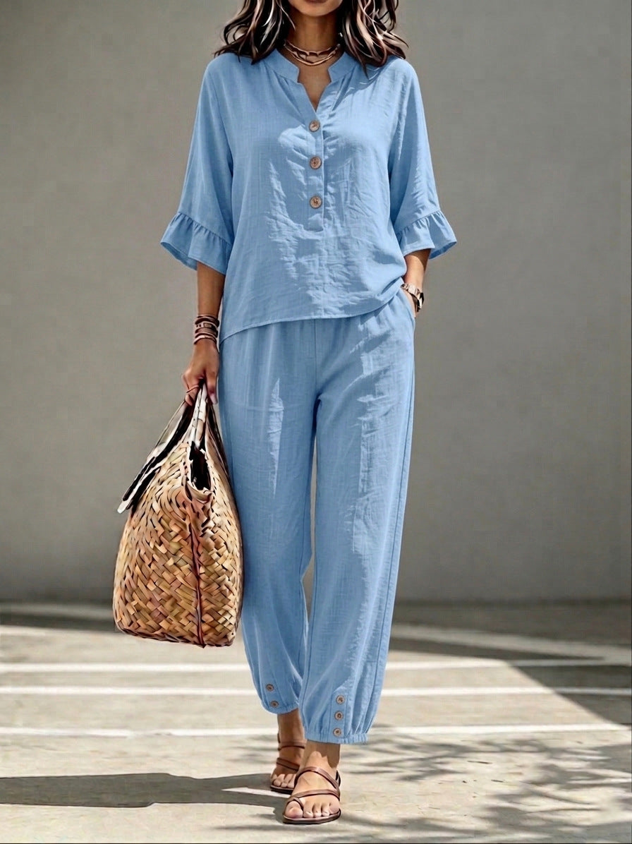 Three-quarter-sleeve Top And Cropped Pants Two-piece Set