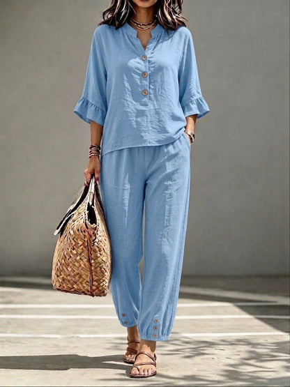 Three-quarter-sleeve Top And Cropped Pants Two-piece Set