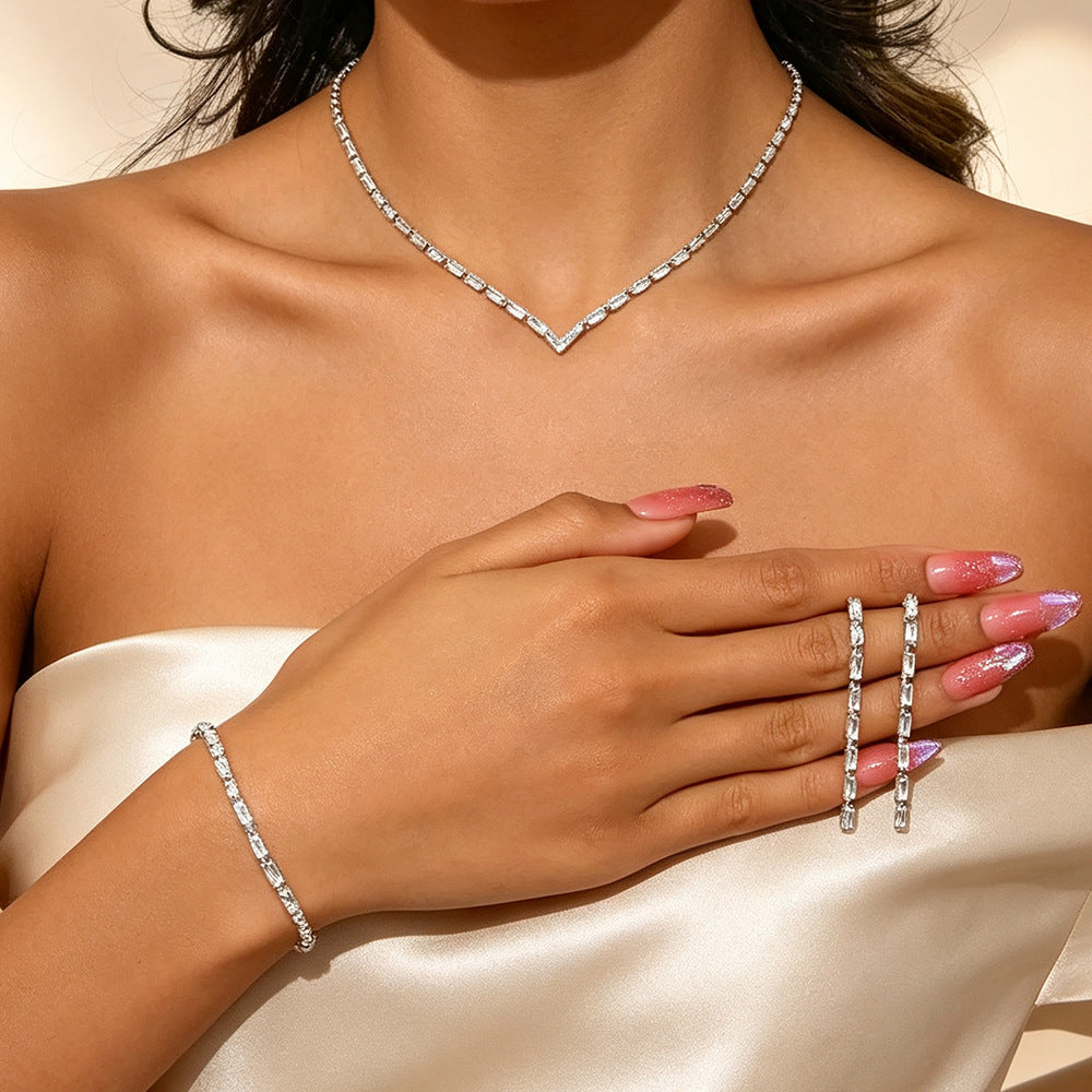 Metal Rhinestone Wedding Necklace And Earrings Jewelry Set