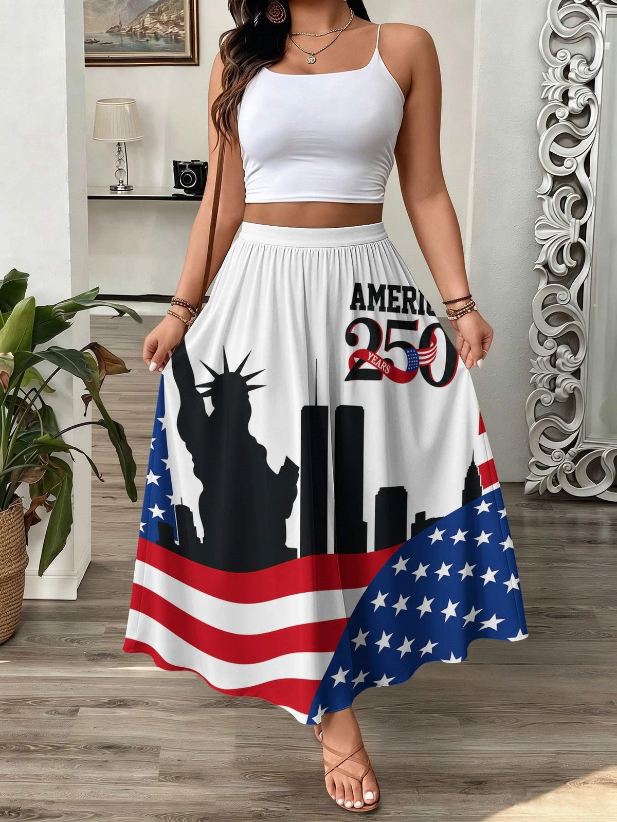 Womens 3D-printed Elastic High-waist Skirt