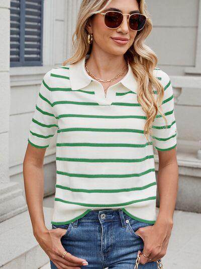 Striped Johnny Collar Short Sleeve Sweater for Women