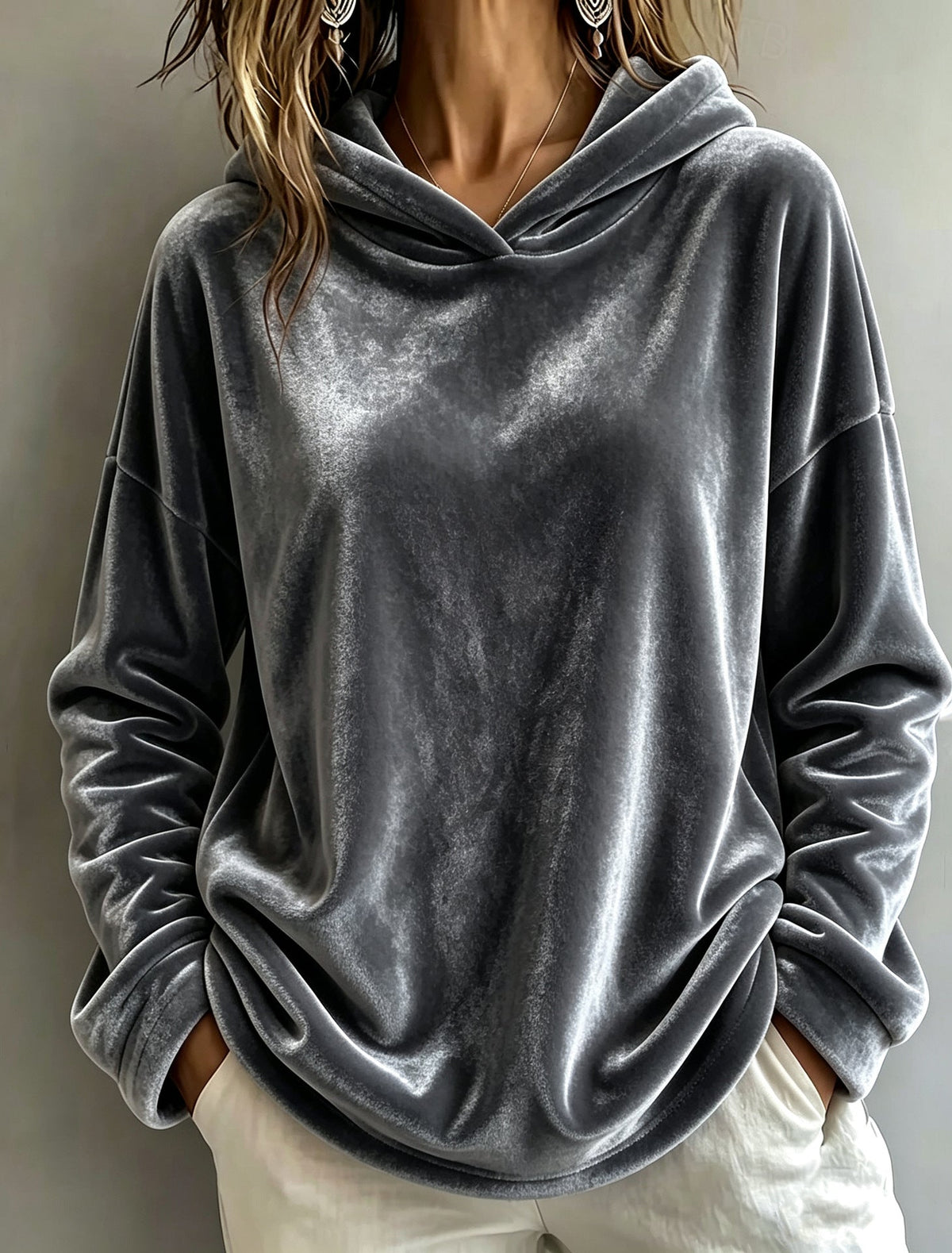 Velvet Solid-color Hooded Casual Sweatshirt