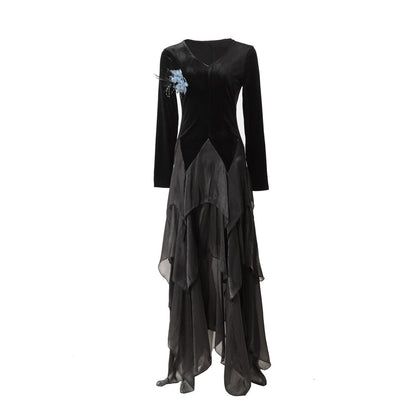 Velvet Smooth V-neck Long-sleeve Patchwork Asymmetrical Hem Maxi Dress