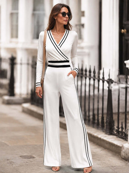 Womens High-waisted Twill Color-block Side-panel Jumpsuit