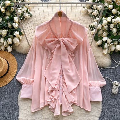 Womens Solid-Color Chiffon Blouse With Ruffled Hem And Long Sleeves