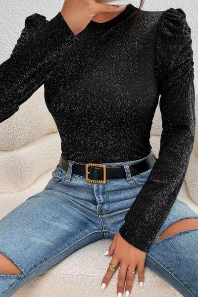 Metallic Round Neck Puff Sleeve Blouse for Stylish Elegance