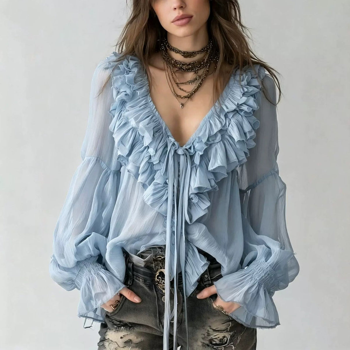 Womens Fashionable Casual V-Neck Long-Sleeve Ruffle-Trim Shirt