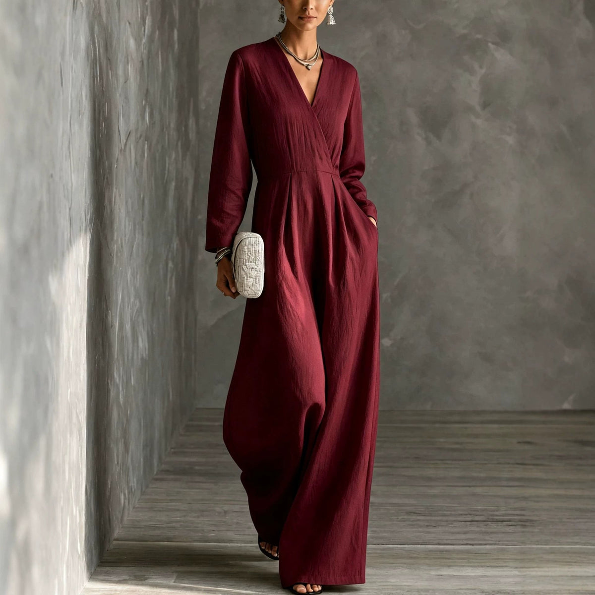 Womens V-neck Long-sleeve Relaxed-fit Wide-leg Jumpsuit