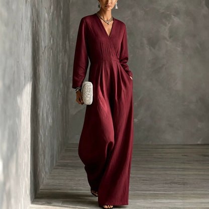 Womens V-neck Long-sleeve Relaxed-fit Wide-leg Jumpsuit
