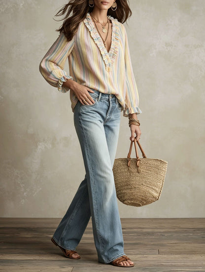 Women's Striped Print V Neck Ruffled Loose Shirt  Vacation Style Long Sleeve Top