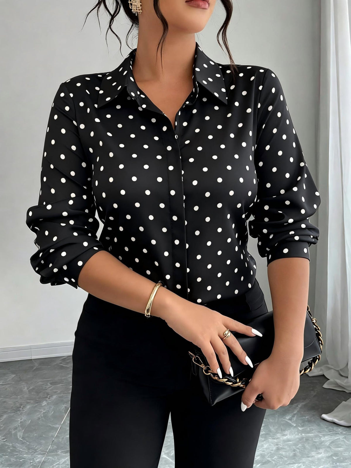 Women's Long-sleeve Polka-dot Slim-fit Lapel Blouse