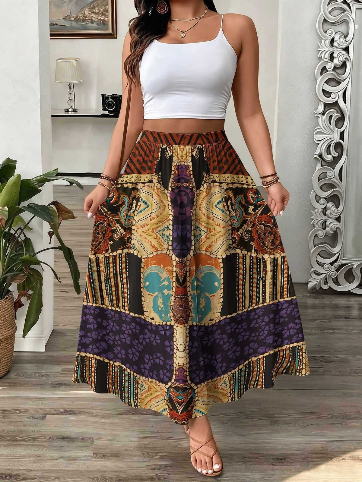 Womens 3D-printed Elastic High-waist Skirt