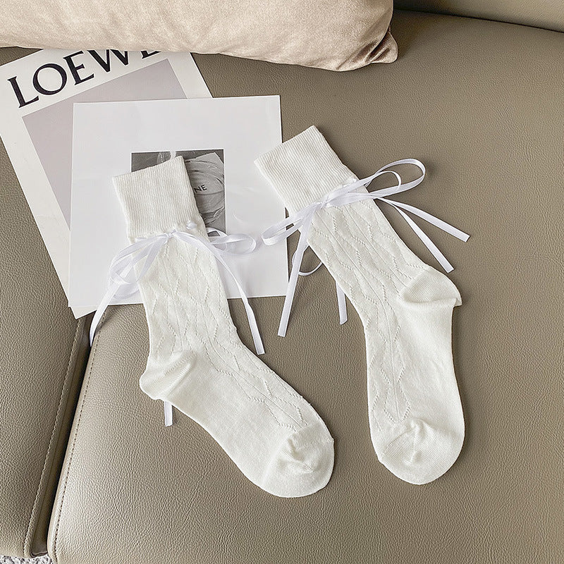Thin French Ribbon Bow Tube Socks For Children
