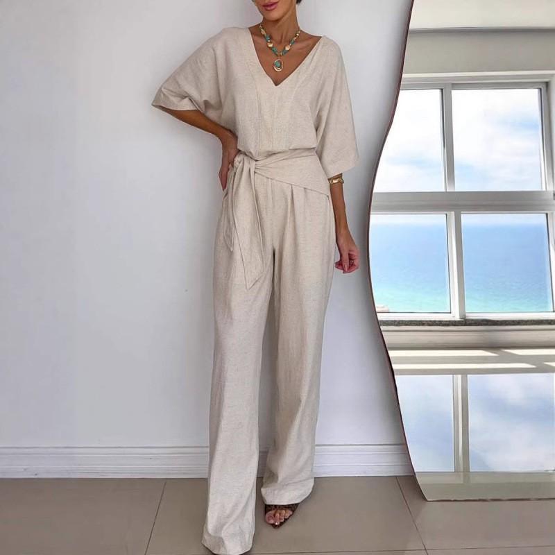 Solid-color V-neck Casual Mid-length Sleeve Dress With Belt