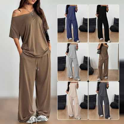 SpringSummer Women's Casual Solid-Color Sports Two-Piece Set