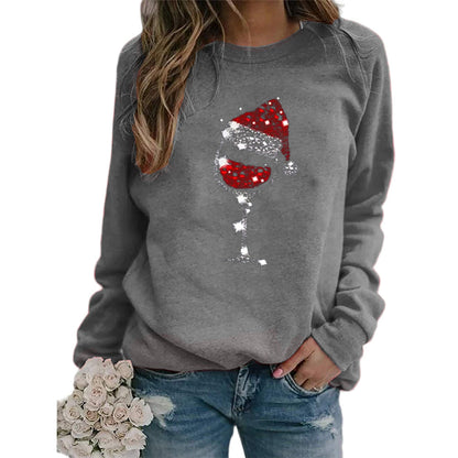 Clothing Christmas Women's Sweater Christmas Hat Red Wine Glass Graphic Print Crew Neck Long-sleeved Sweater
