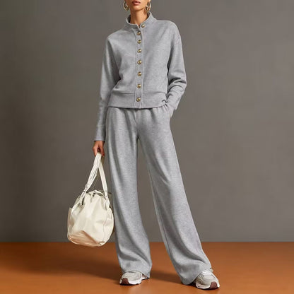 Stand-collar Cardigan And Wide-leg Pants Set