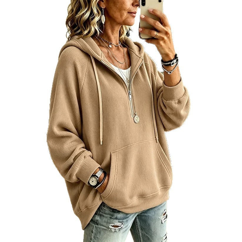 Womens Half-Placket Pullover Corduroy Hoodie