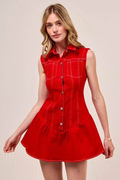 SO ME Button Down Sleeveless Collared Game Day Mini Dress