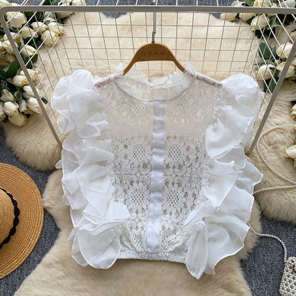 Lace Sleeveless Top With Ruffled Paneling And Hollowed-Out Details