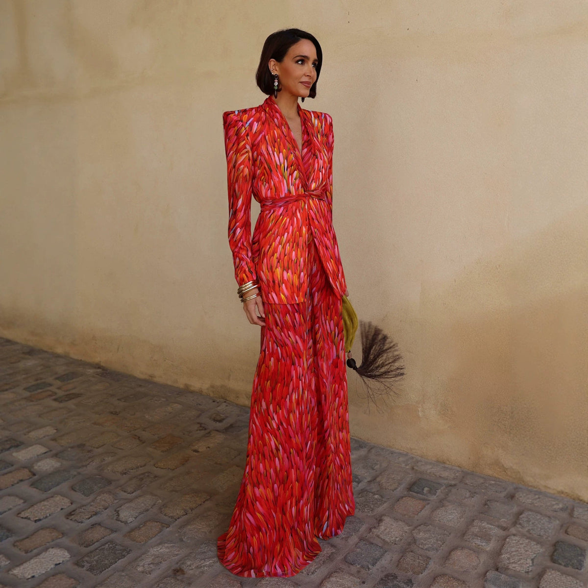 Women's Jacquard V-neck Padded-shoulder Polyester Suit With Trousers