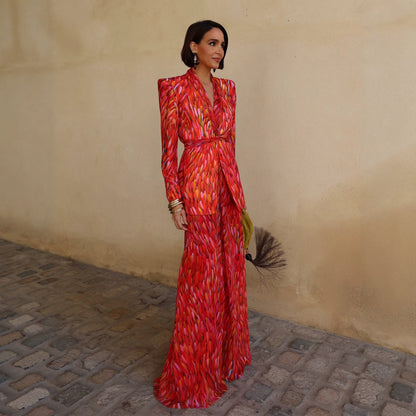 Women's Jacquard V-neck Padded-shoulder Polyester Suit With Trousers