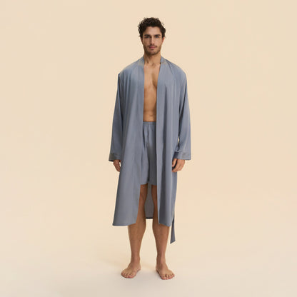 Mens Solid-Color Long Nightgown And Shorts Satin Bathrobe Loungewear Set